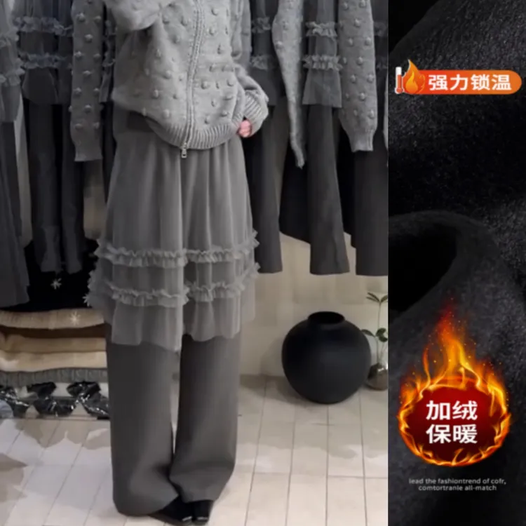 景倩妮韩系屁帘设计直筒休闲裤2025年冬季新款加绒显瘦窄版阔腿裤