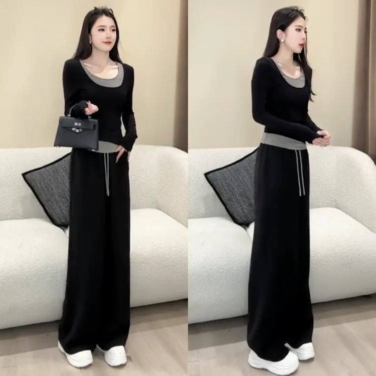 秋日巨好看的两件套2025女士新款爆款修身显瘦假两件上衣休闲长裤