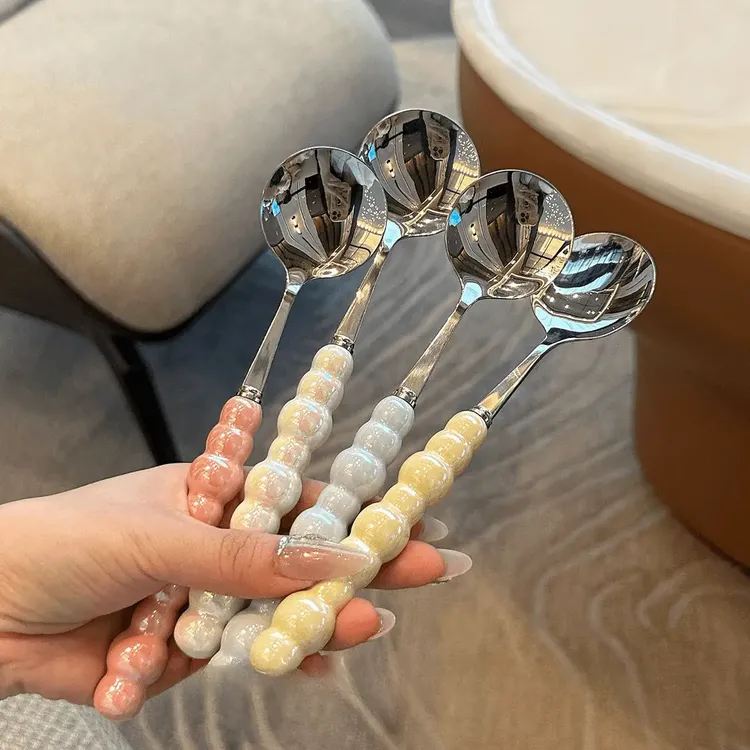 【4条装颜色各一】珍珠柄勺仿陶瓷柄少女心吃饭勺轻奢汤勺网红圆勺