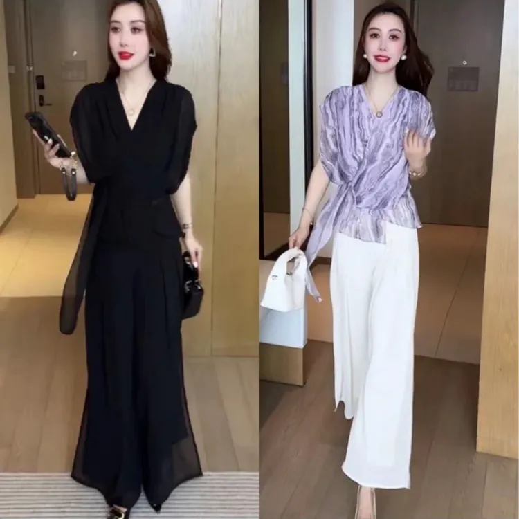【现货】2025时尚雪纺套装女夏季新款洋气显瘦短袖上衣阔腿裤两件套