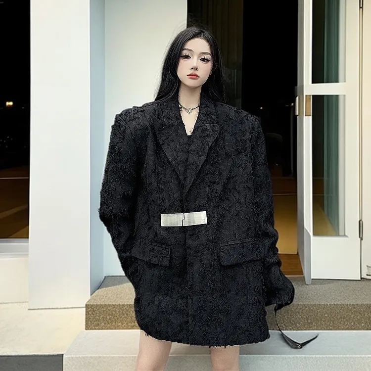 小众炸街高级感女装宽松须边拉毛西服个性西装女高级感小西服外套