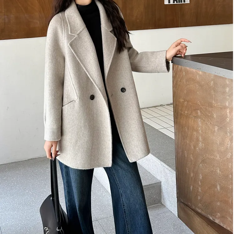 曼德西比利双面呢双面羊绒大衣短款小个子羊毛新款西装毛呢外套女