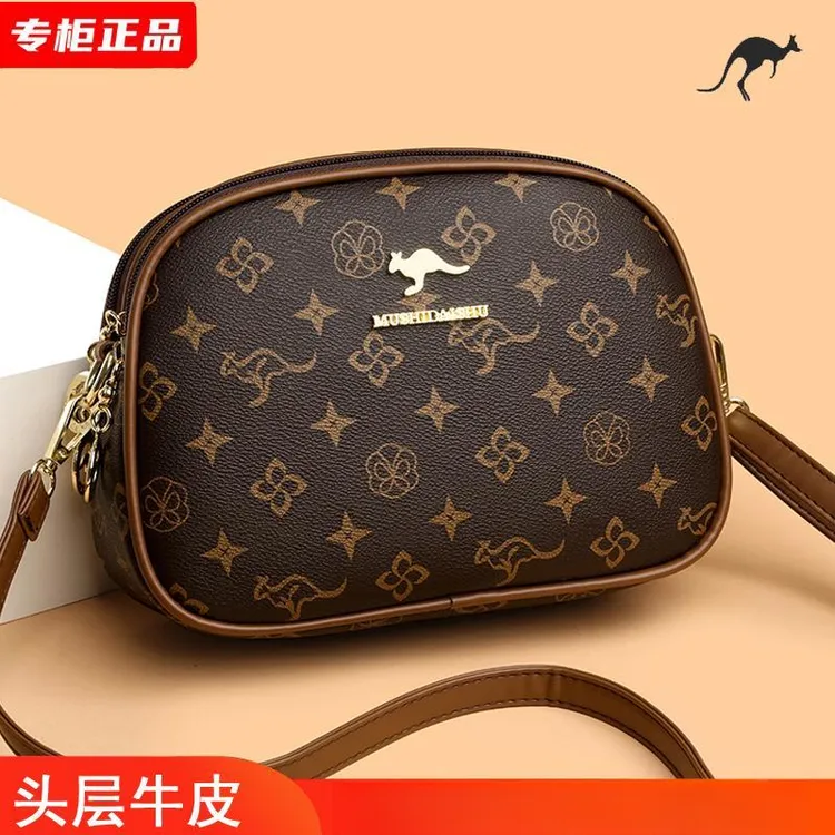 袋鼠真皮女士印花女包包2025新款时尚小圆包休闲牛皮单肩包斜挎包