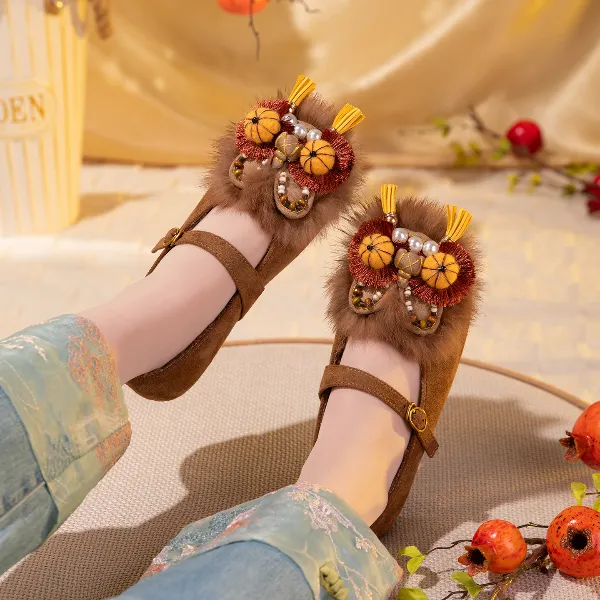 轻奢琥珀流光虎头鞋新中式玛丽珍鞋平底单鞋皮鞋流苏时尚秋冬棉鞋