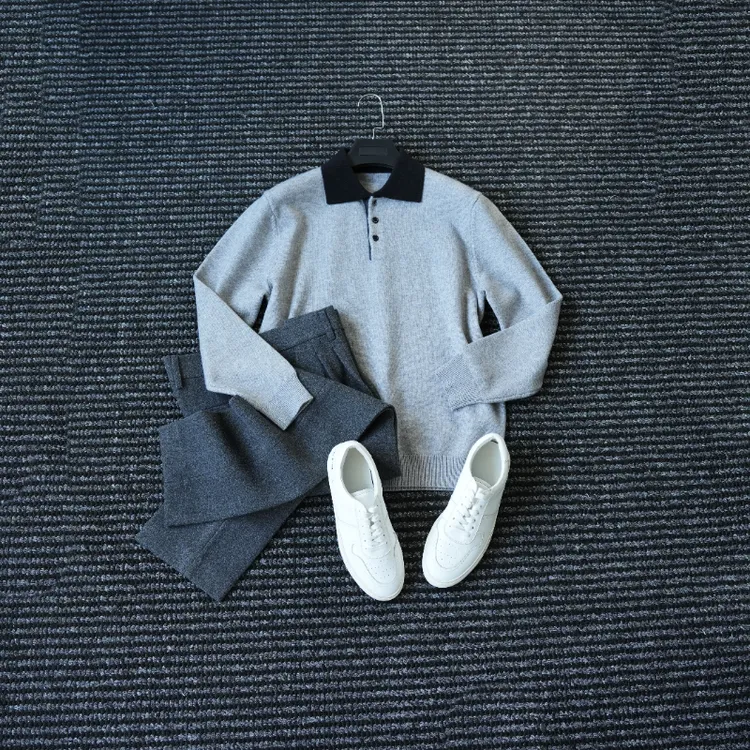 CssuGent秋冬季高密领子撞色羊毛混纺针织POLO衫男休闲韩版毛衣潮