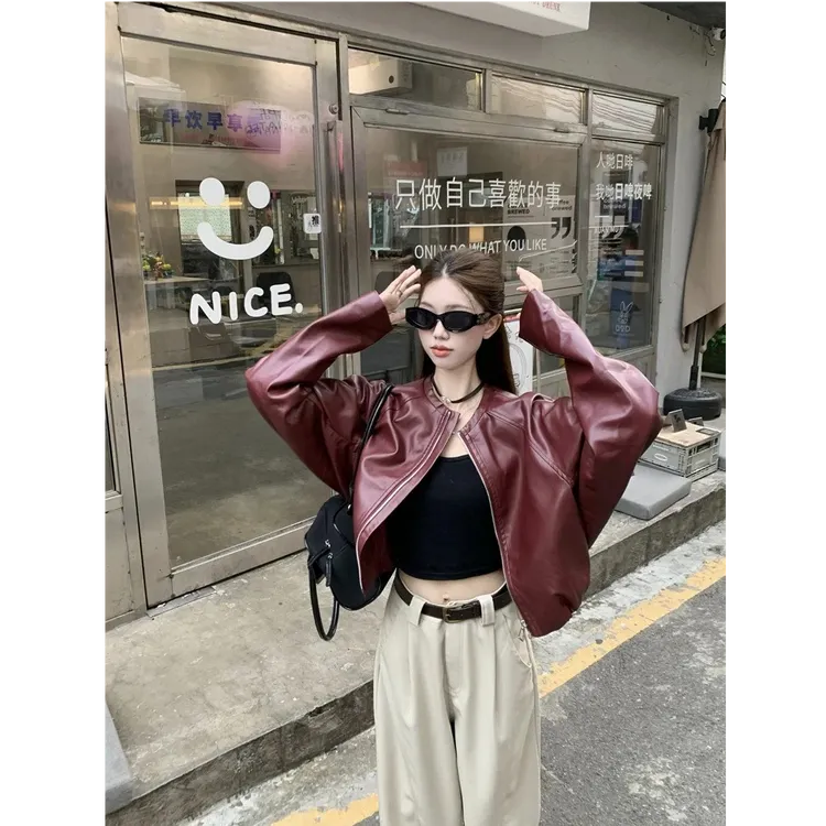 春秋美拉德复古枣红色夹克立领皮衣外套女高腰直筒垂坠感休闲长裤