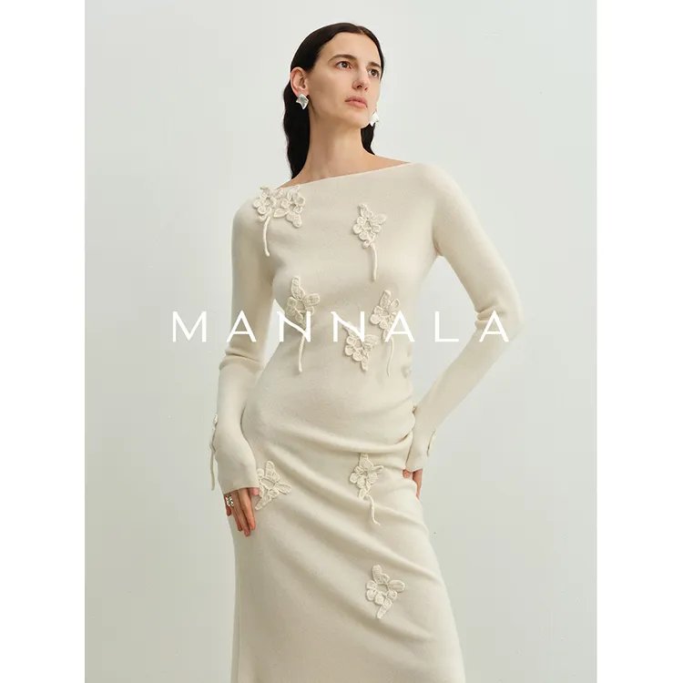 MANNALA丨“素笺生花”静奢高定重工修身美丽诺羊毛连衣裙 Q8208