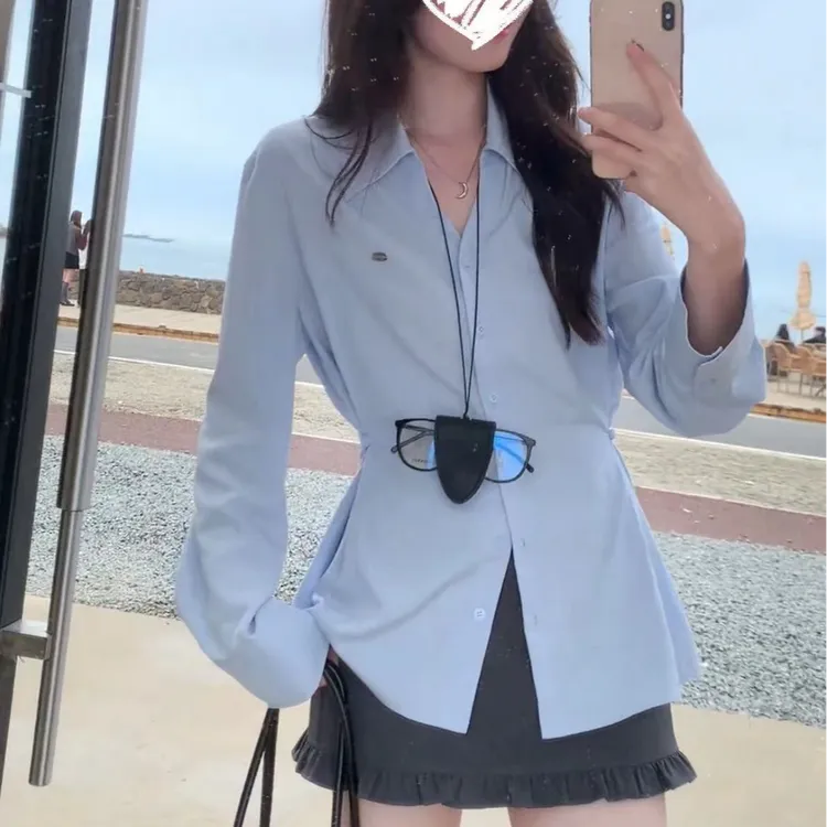 法式收腰蓝色长袖衬衫女春夏设计感辣妹修身显瘦上衣时尚灰色半裙