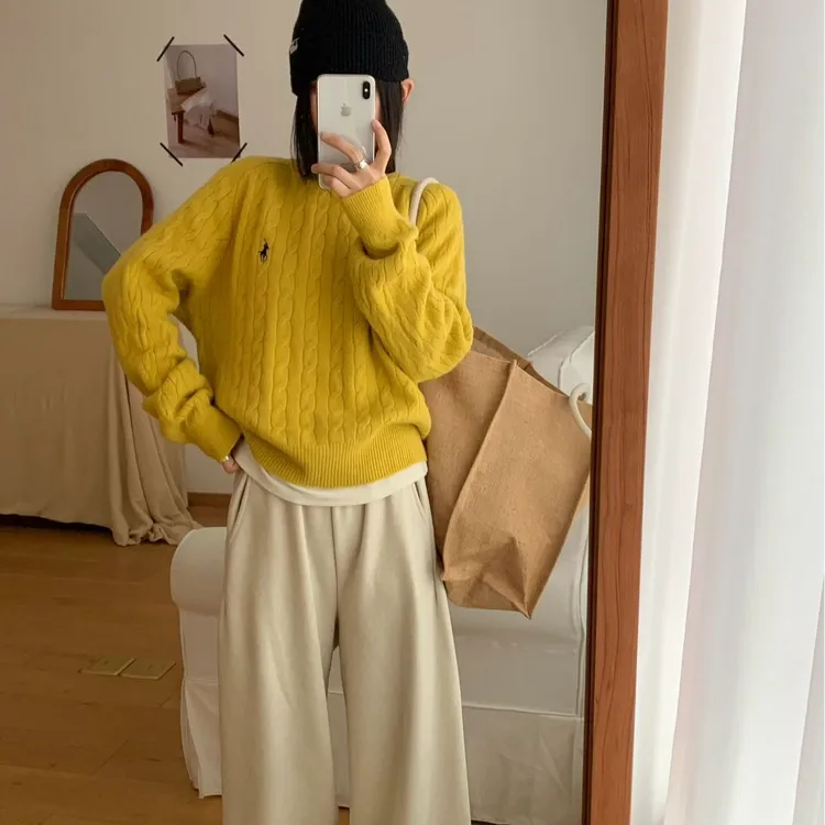 经典刺绣小马麻花圆领毛衣女秋冬慵懒风宽松套头针织衫纯色显瘦