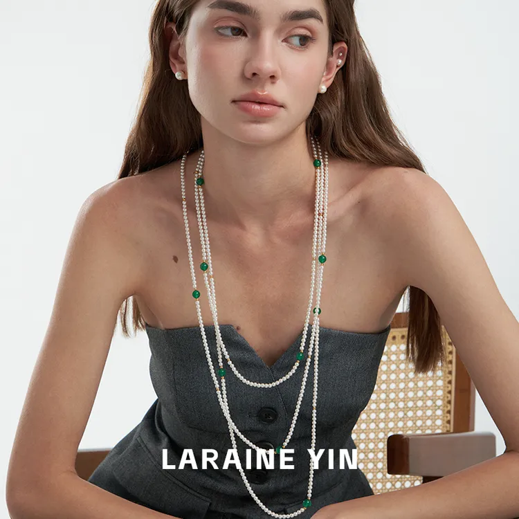 钛钢仿珍珠项链 长款绿色石头 叠戴锁骨链母亲节送妈妈礼物