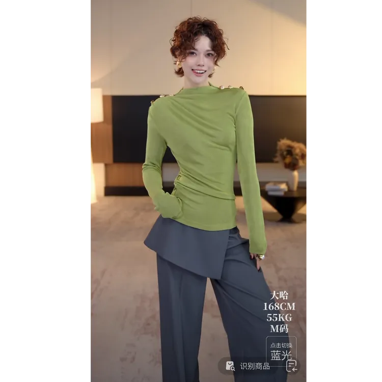 DENGDAHA「时髦焦点」 轻熟风 褶皱斜肩扣设计修身上衣HBZXP710229