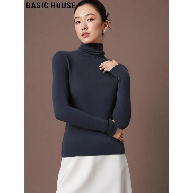 Basic House/百家好羊毛100%灰色高领针织衫女士2025秋冬打底毛衣