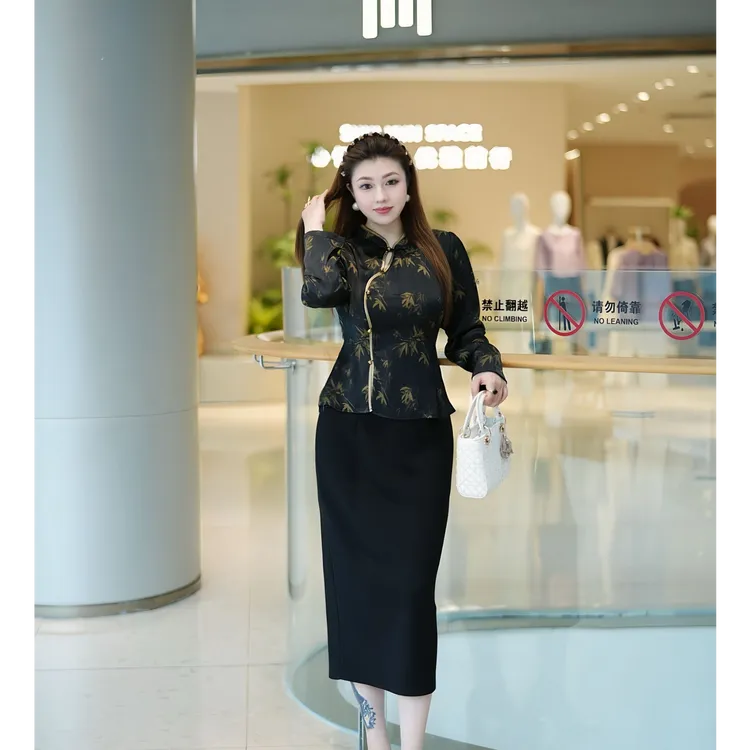 XYD71690新中式斜对襟国风盘扣复古大码女装长袖立领套装