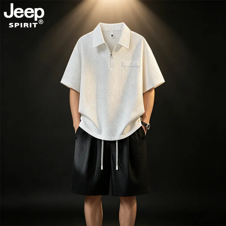 JEEPSPIRIT吉普男套装夏季新款美式泡泡格两件套大码宽松短袖短裤
