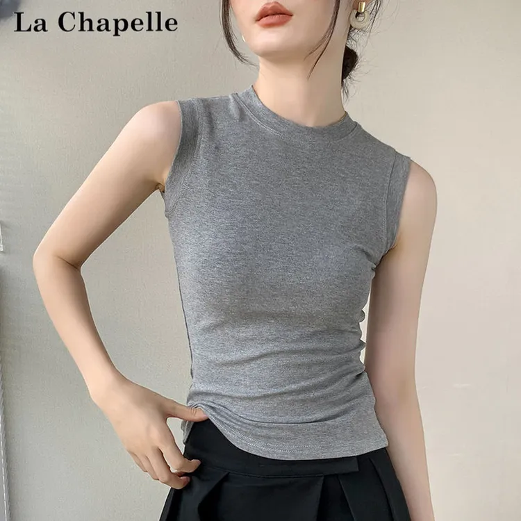 拉夏贝尔深灰背心打底衫女夏圆领修身无袖T恤遮副乳西装内搭上衣