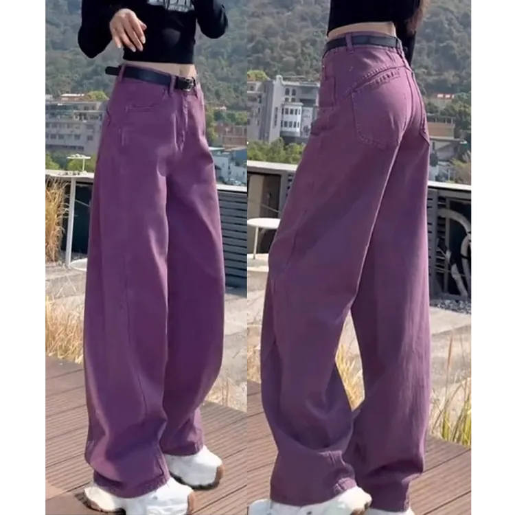 美式复古紫色阔腿牛仔裤女春夏新款大码胖mm百搭宽松显瘦直筒裤子