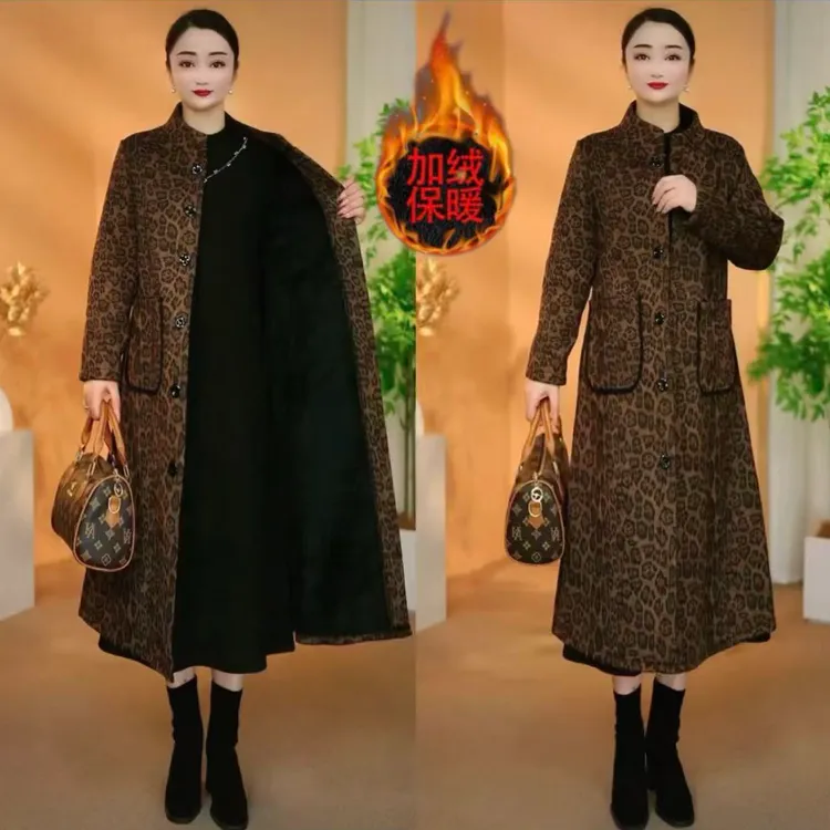 中年立领大衣外套女加绒保暖长款棉袄冬季新款时尚豹纹显瘦外披女