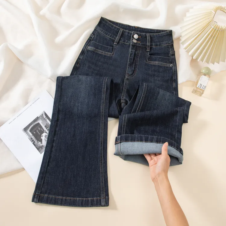 秋冬款复古九分微宽松喇叭牛仔裤女士显瘦做旧直筒不贴腿八分喇叭