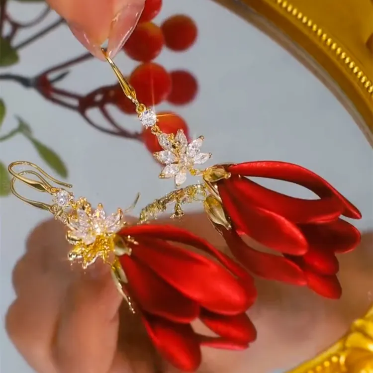 合金耳饰 红色纺织花流苏耳钩耳环女设计感网红百搭2025新款耳坠