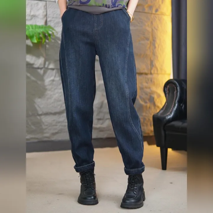 26610长裤丹宁风微弹休闲宽松百搭哈伦牛仔女裤时尚牛仔老爹裤
