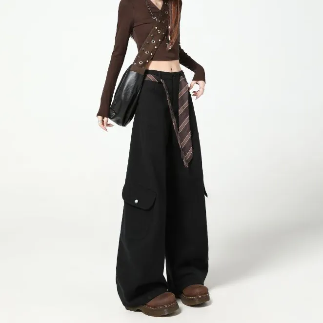 秋季新款美式复古宽松弯刀阔腿工装裤女高腰显瘦休闲百搭长裤子