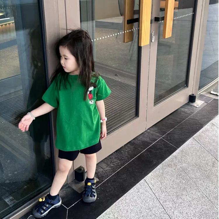 壹妈韩版女童夏季套装洋气儿童时髦绿色卡通米奇t恤短袖上衣短裤