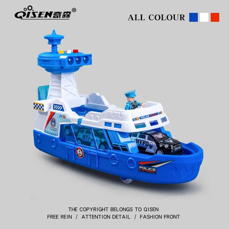 超大号儿童船玩具声光轮船模型男孩警察消防可收纳小汽车新年礼物