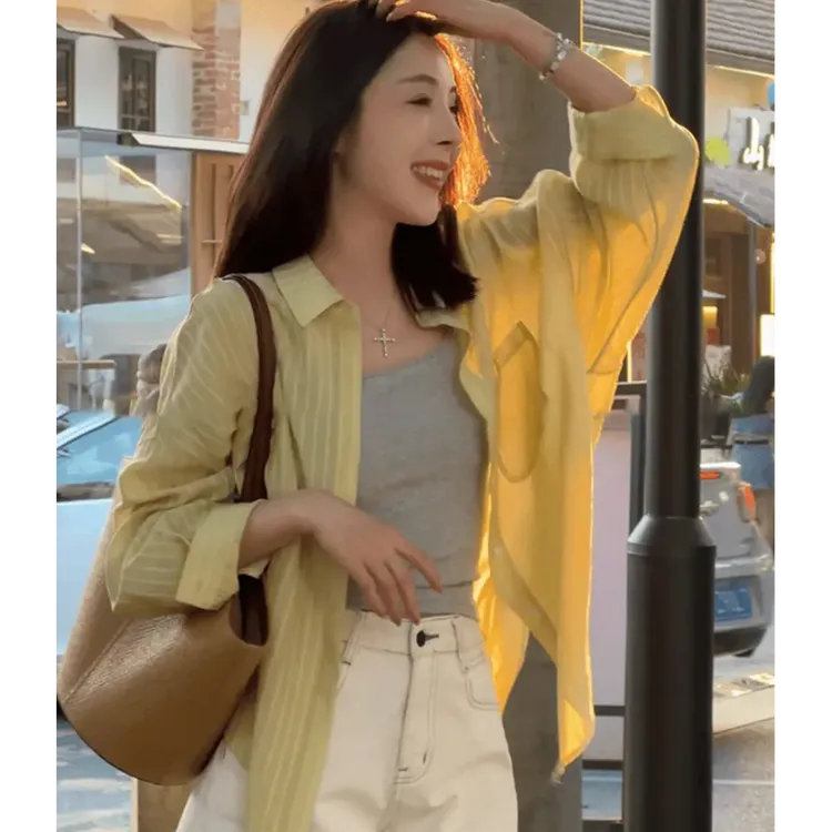 薄款设计感条纹防晒长袖衬衫女2025夏新款宽松休闲慵懒风衬衣上衣