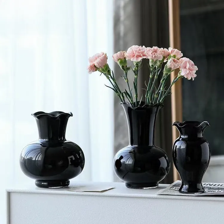 网红中古黑色玻璃花瓶高级感餐桌插花水培玫瑰鲜花客厅轻奢摆件