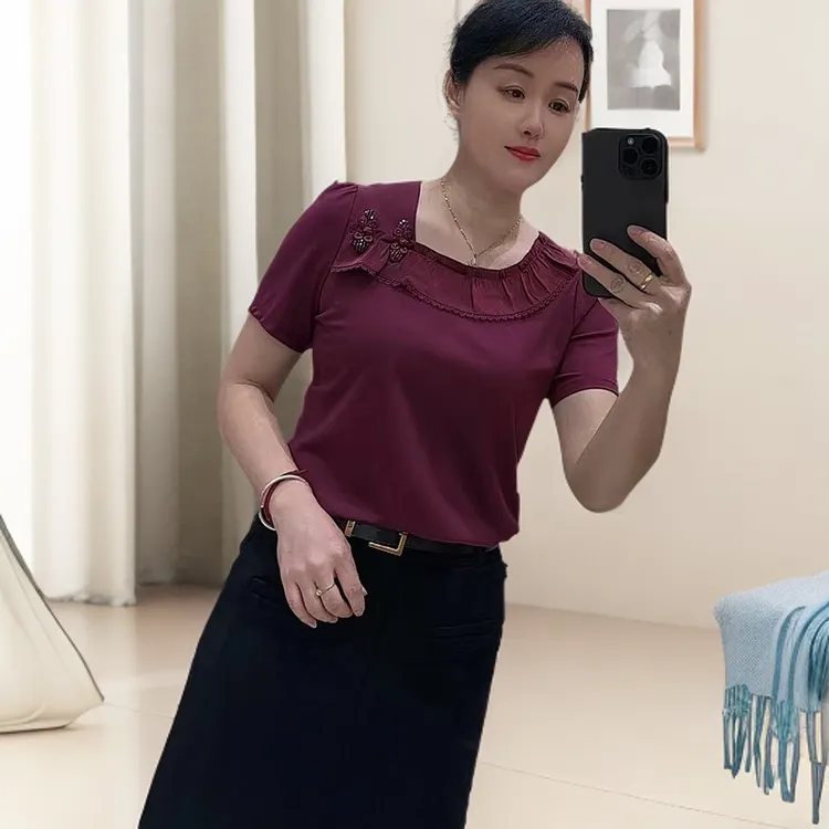 8555韩版品质斜领气质短袖T恤