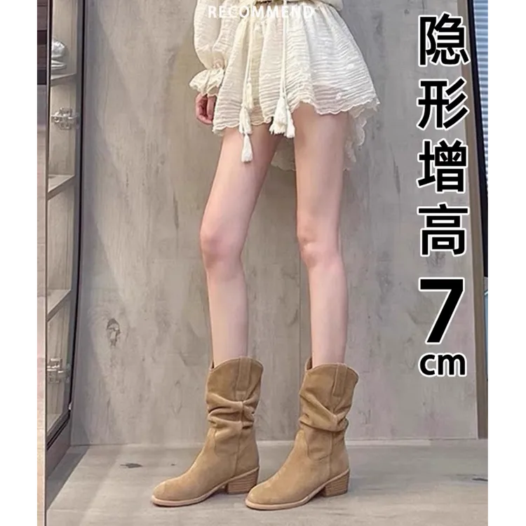小个子内增高复古马丁靴女2025新款秋季粗跟中筒短靴美拉德堆堆靴