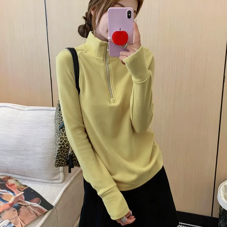 大码德绒自发热锁温半拉链打底衫女秋冬修身百搭立领显瘦纯色上衣