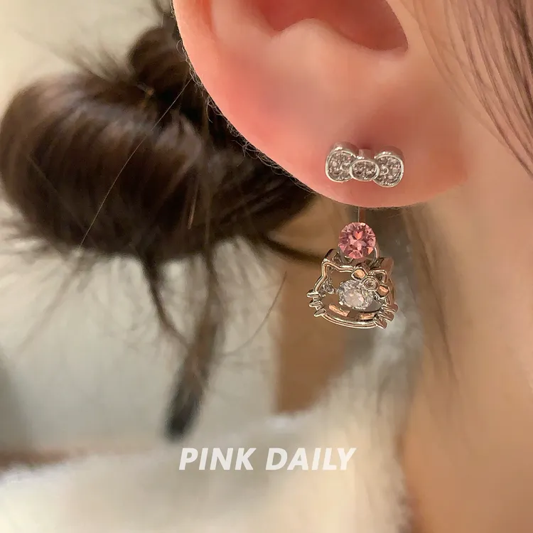 钛钢锆石耳饰 Pink Daily华子钻猫咪吊坠马蹄环甜酷风钛钢耳环