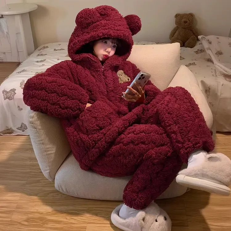 妃诗三层夹棉加厚睡衣女2025新款冬季本命年珊瑚绒保暖家居服套装