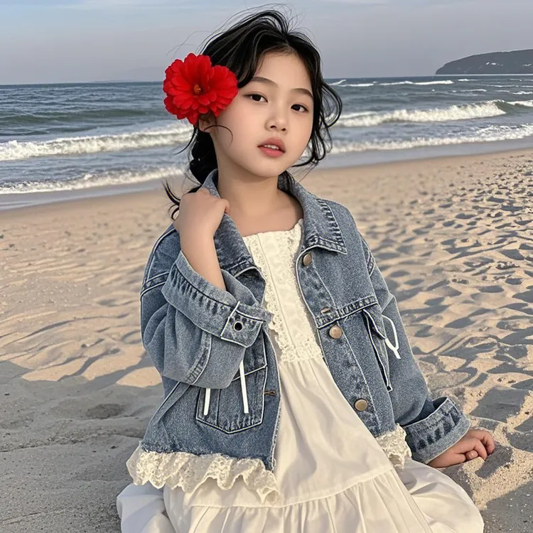 新款洋气韩版女童蕾丝花边拼接蝴蝶结翻领牛仔外套儿童童装时髦