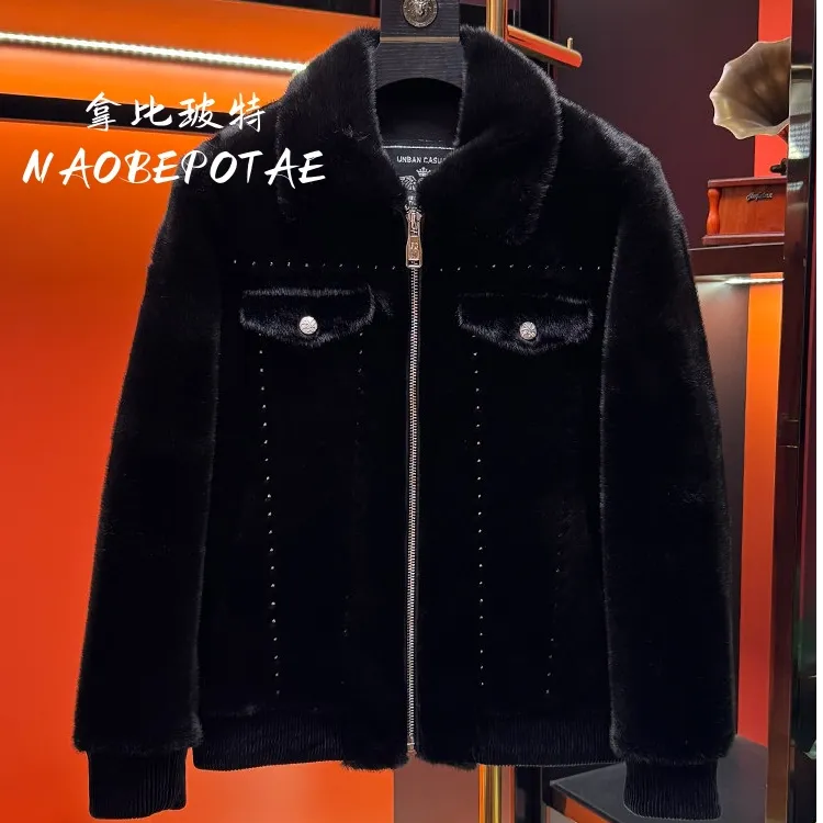 NAOBEPOTAE冬季新品仿貂绒皮草加厚皮毛一体翻领外套男高端夹克