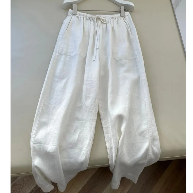 白色仿棉麻直筒阔腿裤女夏日系显瘦舒适松紧高腰棉麻休闲长裤子