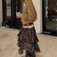 MAR 秋季新款豹纹不规则荷叶边蕾丝拼接松紧腰半身裙女606256
