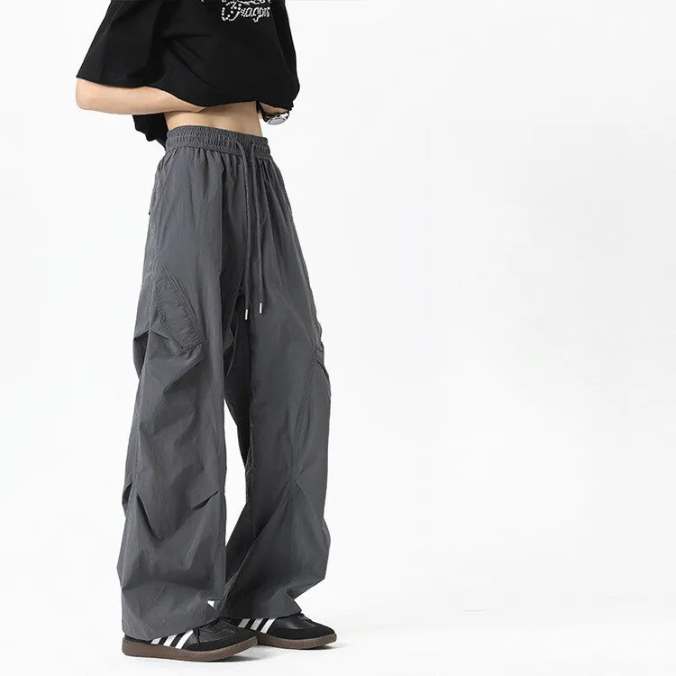 秋季高街褶皱伞兵裤男女同款潮牌宽松速干休闲裤薄款阔腿裤工装裤