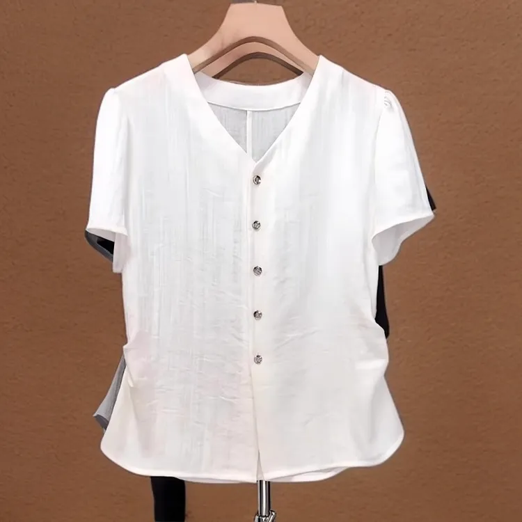 高级感洋气休闲显瘦上衣夏季薄款胖MM大码女装白色V领短袖衬衫女