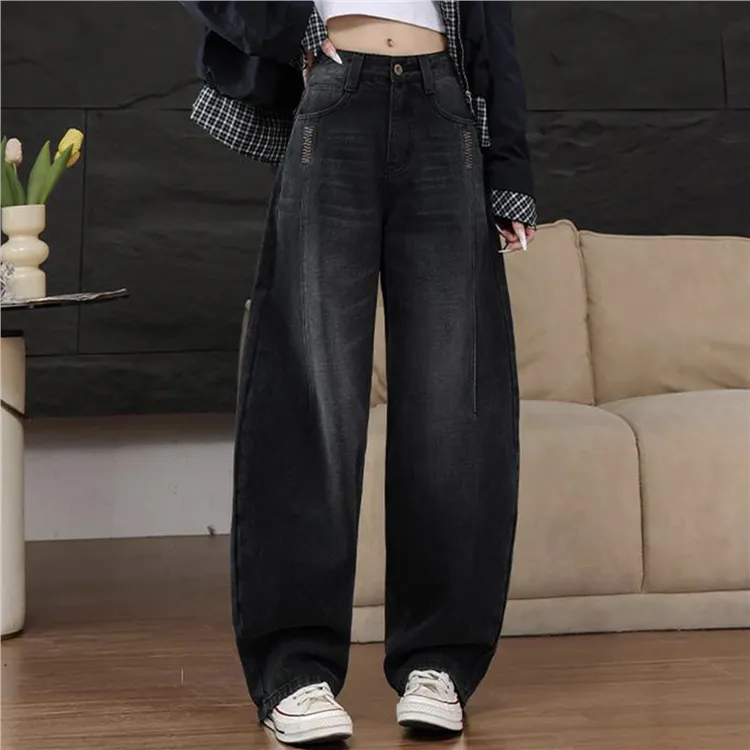 黑灰色弯刀牛仔裤女2025年秋冬新款复古设计感撞色加绒百搭香蕉裤