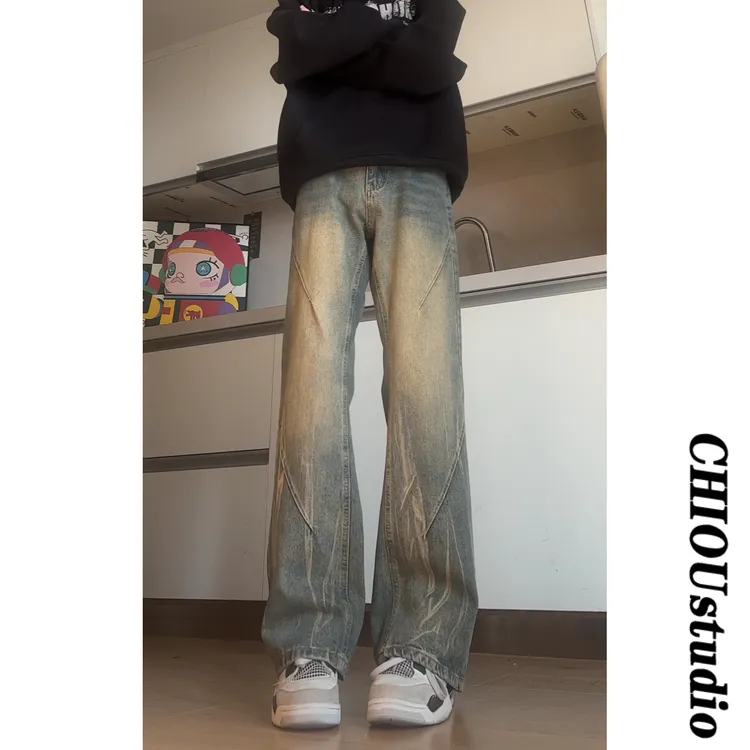 美式高街vibe秋冬加绒复古直筒牛仔裤男款高级感设计微喇阔腿裤子