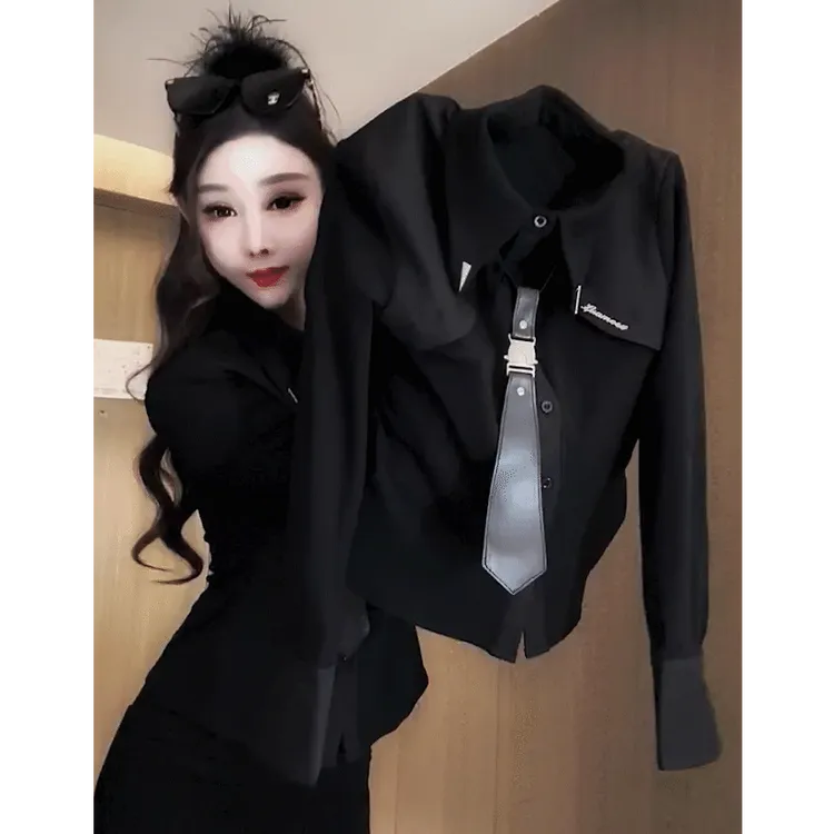 欧货设计感显瘦百搭复古千金风长袖上衣黑色学院风俏皮减龄上衣