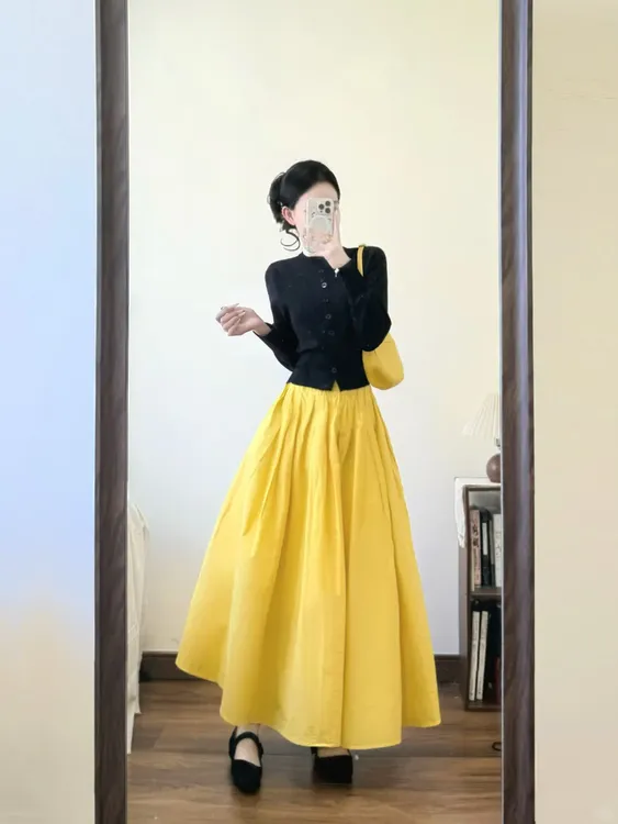 早秋搭配一整套女法式复古针织开衫黄色半身裙洋气质慵懒风两件套