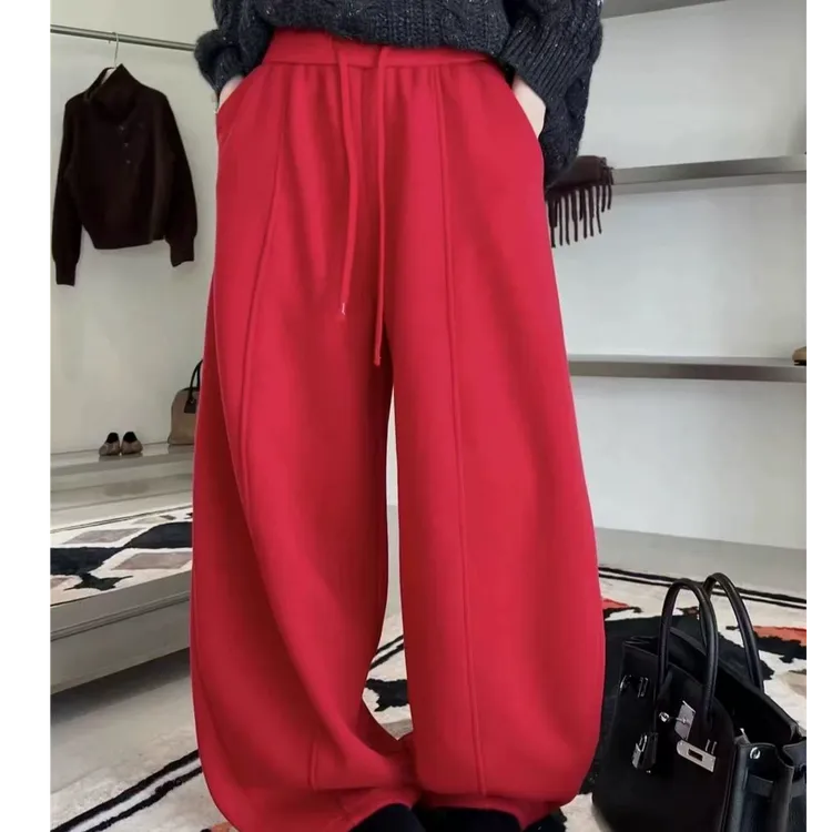 8919韩版简约款新年红加厚高腰弯刀裤宽松百搭休闲裤女潮2025新款