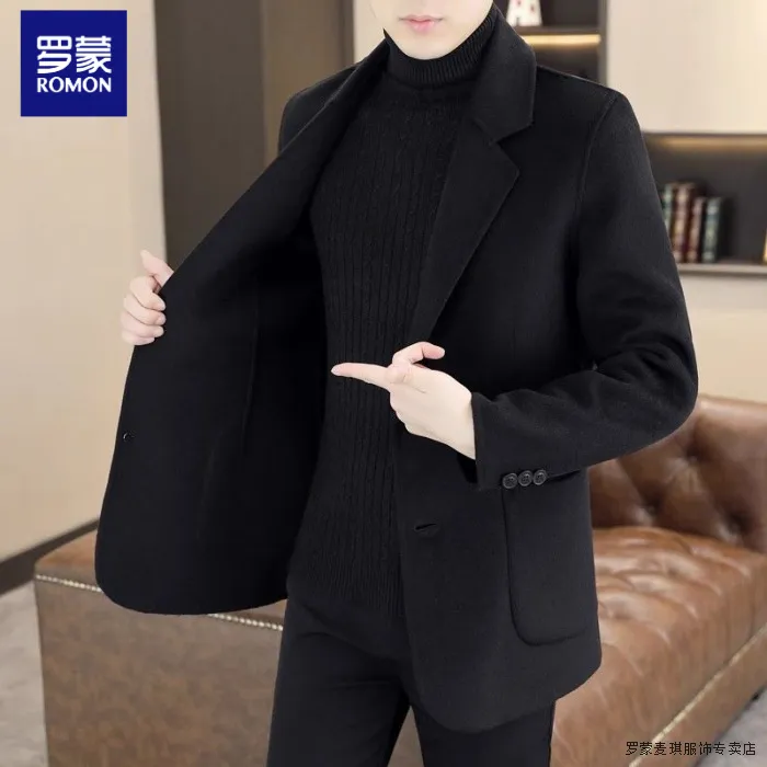 罗蒙冬季韩版高端修身双面呢西服男士男款可脱卸加绒内胆西装外套