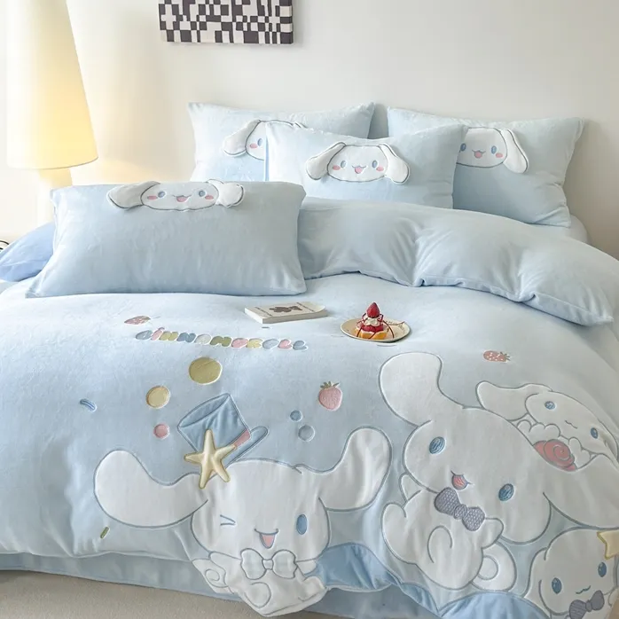 可爱卡通风牛奶绒四件套冬季绣花双面绒被套毛绒床单床上加厚被罩