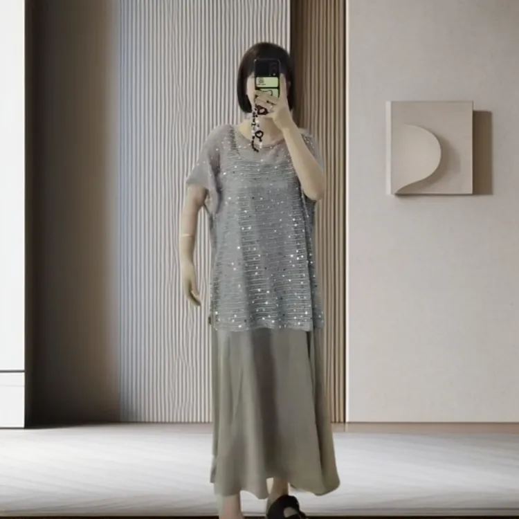 宽松圆领罩衫+吊带连衣裙显瘦百搭洋气两件套