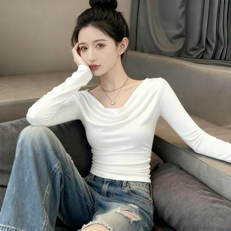 黑色打底衫韩系chic别致露肩荡领长袖T恤女早秋新款修身显瘦上衣