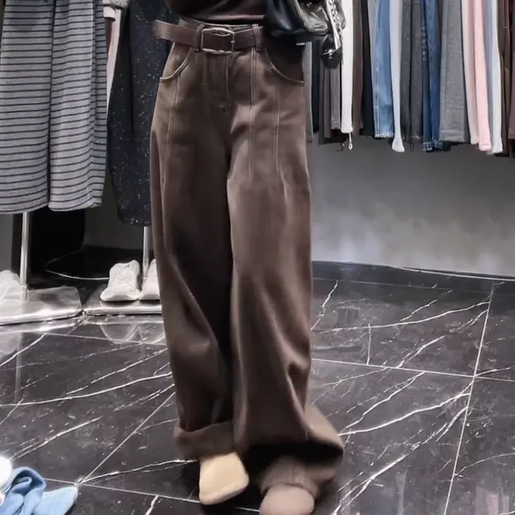 【焦糖骑士】加绒加厚冬款显瘦时尚设计感阔腿牛仔裤LK2508783